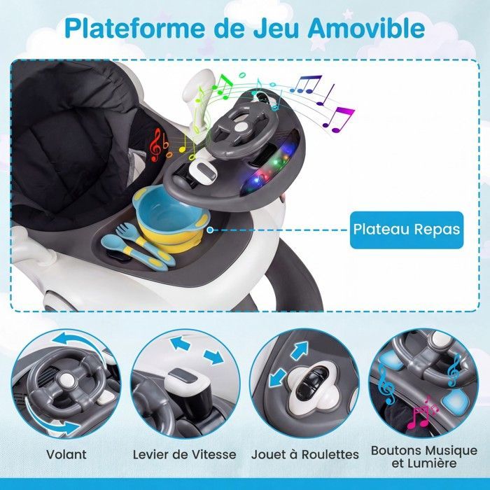 Andador convertible para bebé COSTWAY 7 en 1 - Altura y velocidad ajustables - Luces y música - Asiento extraíble y antivuelco - Gris y blanco