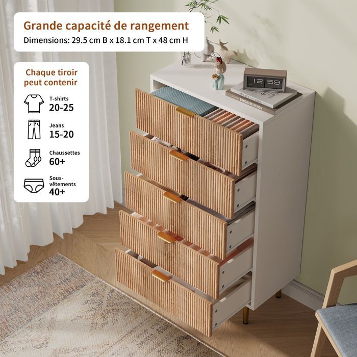 Commode 5 Tiroirs, Meuble Rangement Moderne, Coiffeuse, Meuble Chambre Bureau Salon Cuisine, 60x34x109cm, Multicolore
