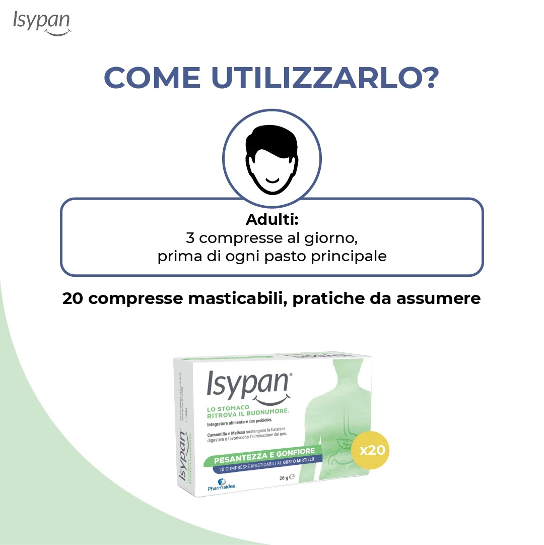 ISYPAN Isypan® Pesadez e hinchazón 20 comprimidos masticables Preparación antiinflamatoria