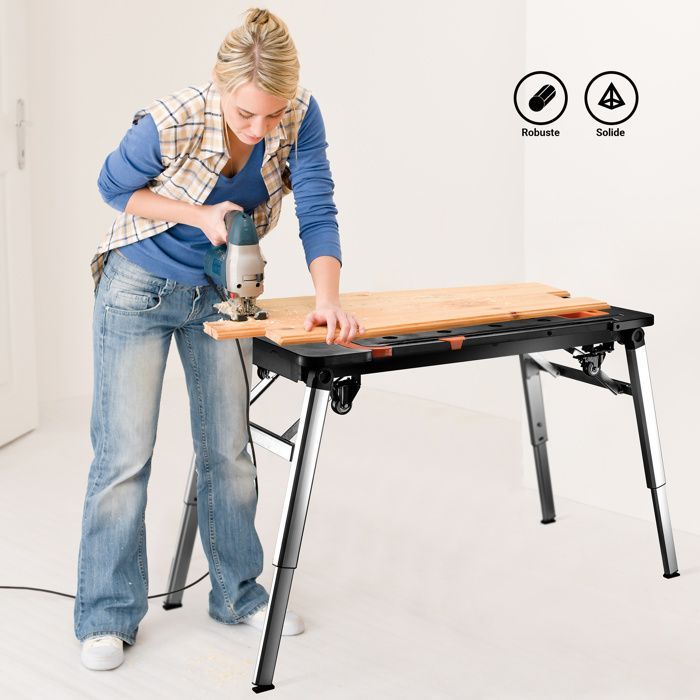 Wiltec Établi d'atelier 108,5x55x52cm Noir et Orange 7 fonctions en 1 Multiusages Banc de travail Siège mécanicien Chariot Tréteau É