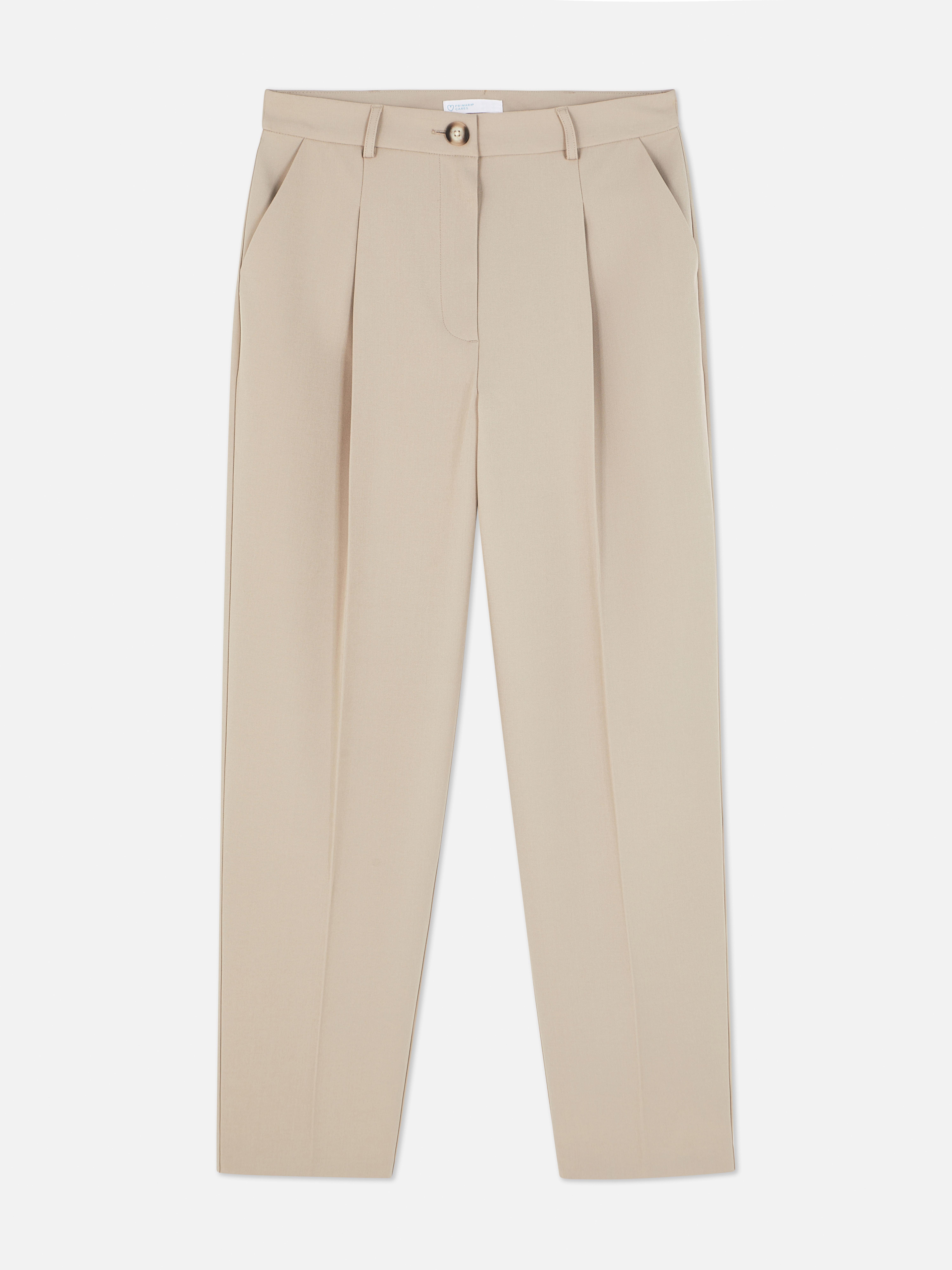 Passende Hose mit geradem Bein. Eine minimalistische Hose mit Bundfalten, geradem Schnitt und neutraler Farbe.