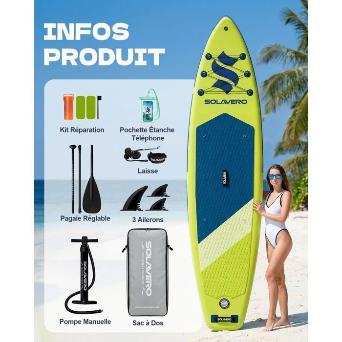 EcoFurnix-Planche de Stand Up paddle Gonflable de 323 cm-SUP-Jusqu'à 200 kg-Pont antidérapant-Animaux acceptés-Vert Citron