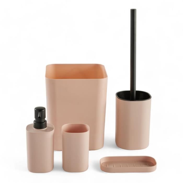 Set de 5 acc SDB - TODAY - UTILITY - Distr de savon, porte-brosse à dents, porte savon, brosse WC, poubelle - Pink