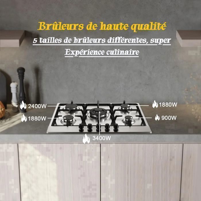 Plaque de Cuisson Gaz 5 Feuxs, Plaque Gaz Inox 68 cm,Cuisinière à Gazs 5 Brûleurs Encastrable,10480W,Sécurité Thermocouple