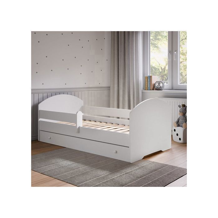 Cama infantil LUK blanca de 70x140 cm con barandilla, somier de láminas y cajón – cama para niñas y niños.