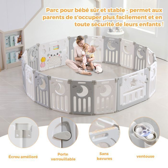 Baby Playpen 16+2 Panels, XXL Modular Playpen with Safety Lock, Adjustable Shape, Foldable, Baby Gate, Grey