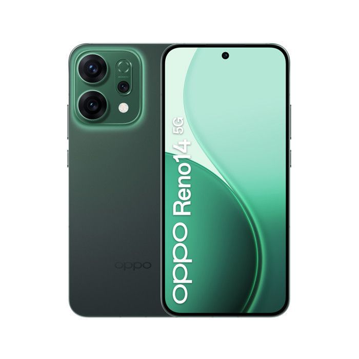 Smartphone Oppo Reno14 5G Android 15, 12 GB de RAM, 512 GB de almacenamiento, triple cámara de 50 MP, color verde.