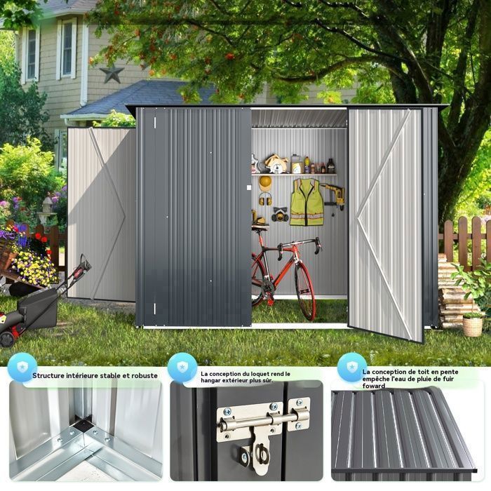 Caseta de jardín metálica YODOLLA de 2,65 m², 3 puertas correderas, techo inclinado, para bicicletas/motos - 225x118x170 cm - Gris