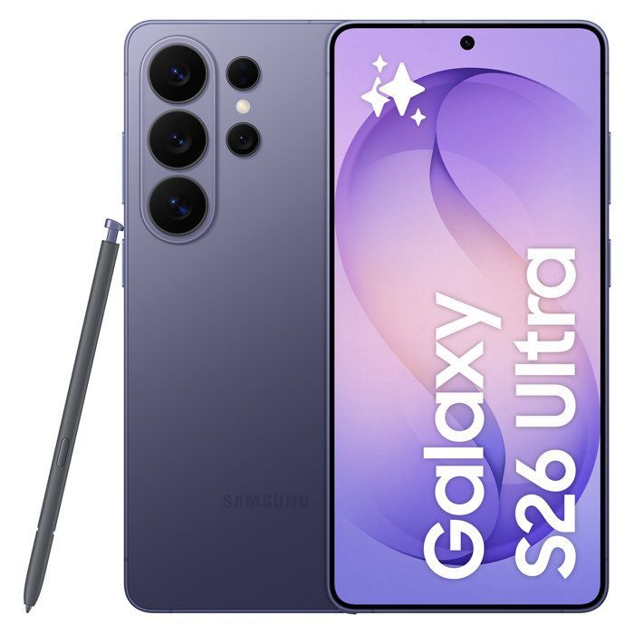 Smartphone Samsung Galaxy S26 Ultra AI de 1 TB, color morado.