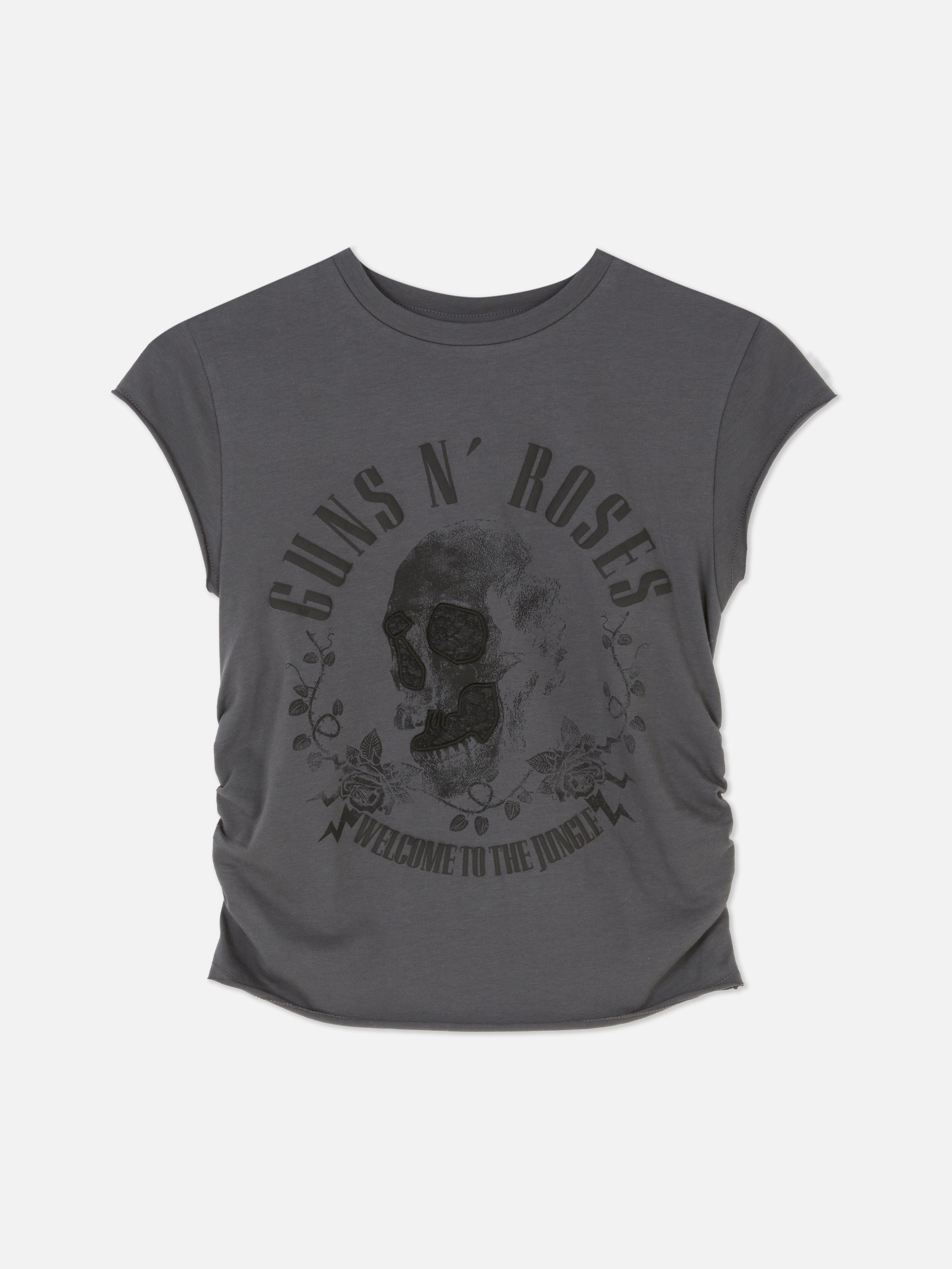 Tricou Guns N' Roses cu volane și imprimeu. Un tricou Guns N' Roses cu mâneci scurte, volane și imprimeu.