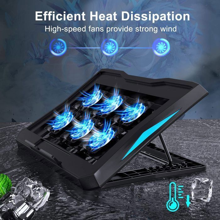 Cooler para laptop com 6 ventoinhas silenciosas, fluxo de ar ajustável e altura ajustável para laptops de 12