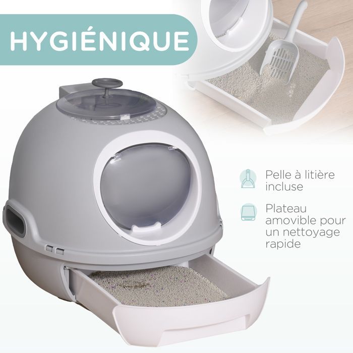 Bac à litière pour chat - maison de toilette - PawHut - portable tiroir coulissant porte battante pelle - plastique - gris