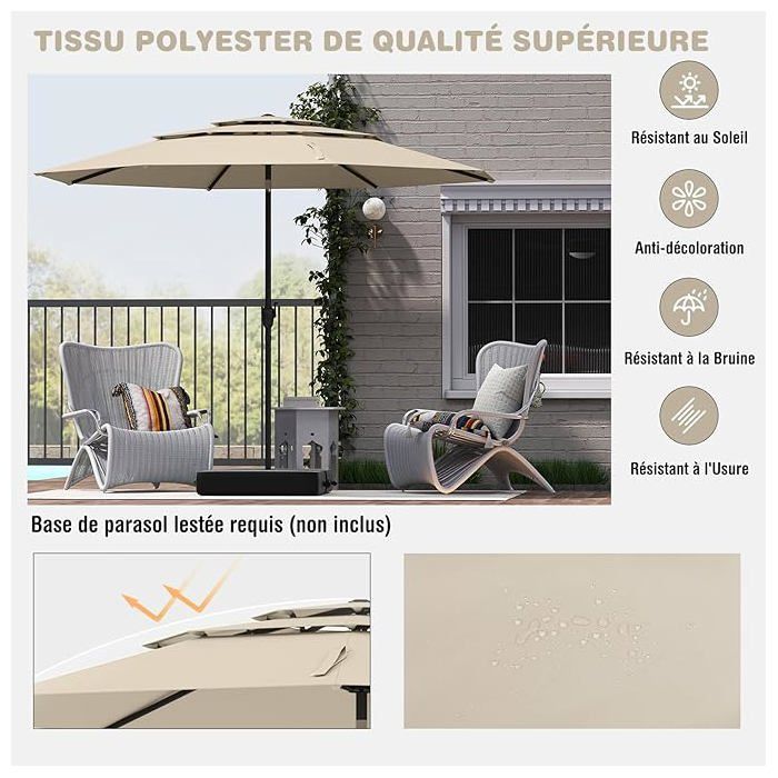 COSTWAY zelfkantelende parasol - Beige - 300 cm x 243 cm - Dubbele ventilatie - Met slinger