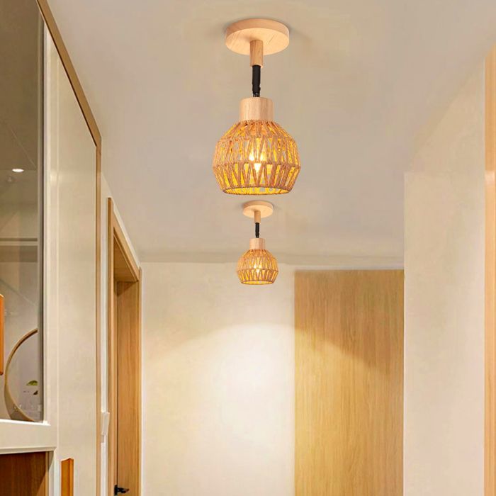 SNOGOLD Applique Mural Interieur Vintage Lampe Mural en Rotin et Bois E27 Luminaire Plafonnier Ajustable pour Salon Couloir, Marron