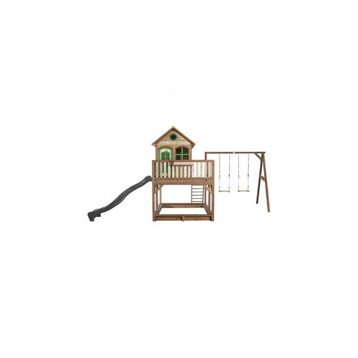 Maison Enfant AXI Liam avec Bac à Sable, 2 Balançoires & Toboggan Gris | Aire de Jeux pour l'extérieur en Marron & Vert