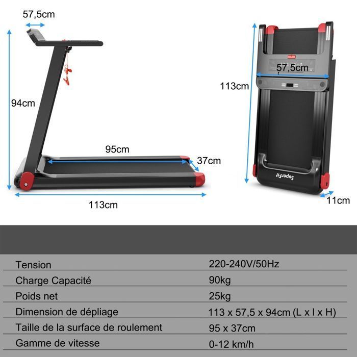 Cinta de correr plegable COSTWAY con control por aplicación, 0,96-12 km/h, Bluetooth, 12 programas, pantalla LED y soporte para dispositivos, color rojo.