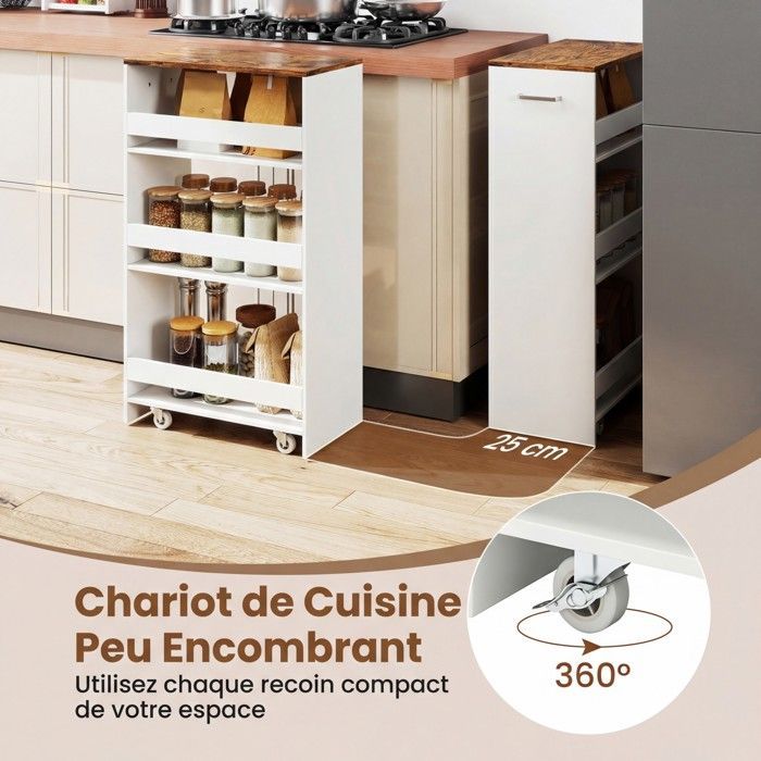 Carrinho de Cozinha Estreito GIANTEX com Rodas e Freios - 47,5x25x80,5cm - Carrinho de Servir com 4 Prateleiras e Alça - Branco + Marrom