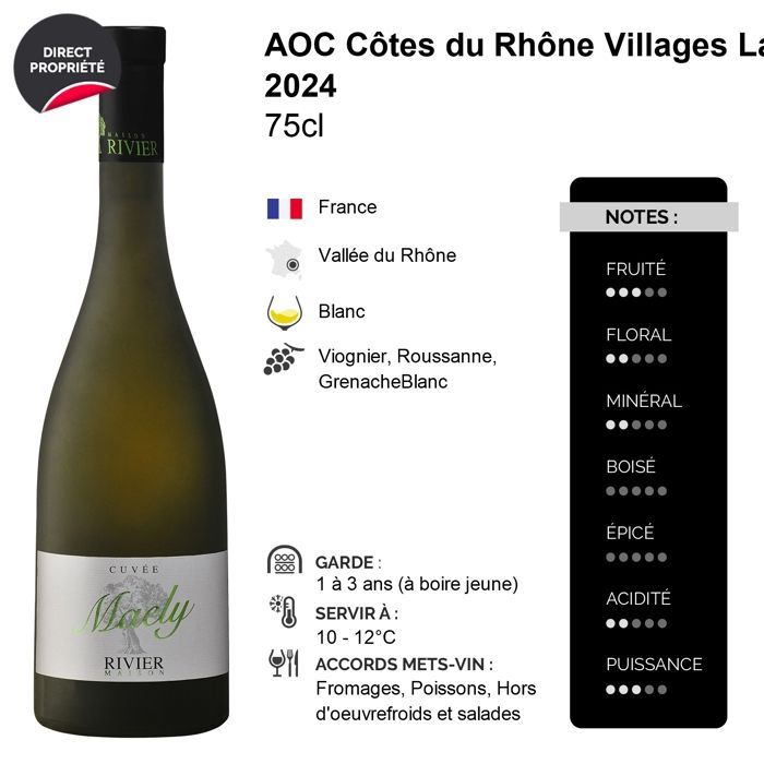 Maison Rivier Côtes du Rhône Villages Laudun Cuvée Maëly 2024 - Vin Blanc de la Vallée du Rhône (6x75cl)