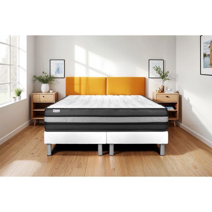 Conjunto de colchón y base de cama de 200x200 cm - 2 bases de cama blancas - Vital Power Zen White