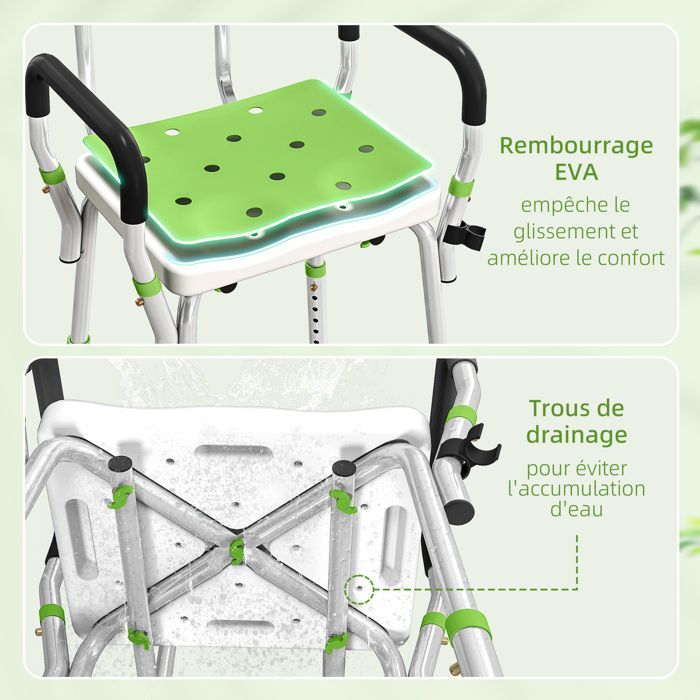 Taburete de ducha - HOMCOM - ergonómico - altura regulable - patas antideslizantes - carga máxima 136 kg - HDPE aluminio - blanco y verde
