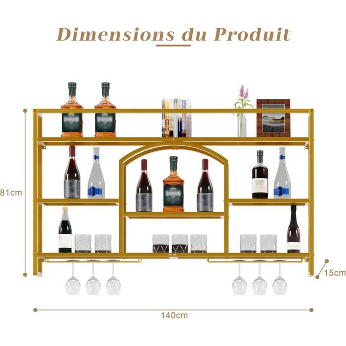 GOOBUY 140cm Wall-Mounted Wine Rack, Metal Wine Rack, Wine Glass Holder, with LED Light, Industrial Style, 140x15x81cm, Gold