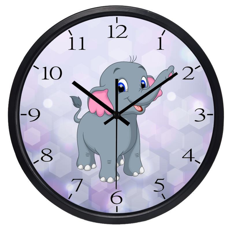 Cartoon Paarse Schattige Olifant Stille Wandklok voor Meisjeskamer Babykamer