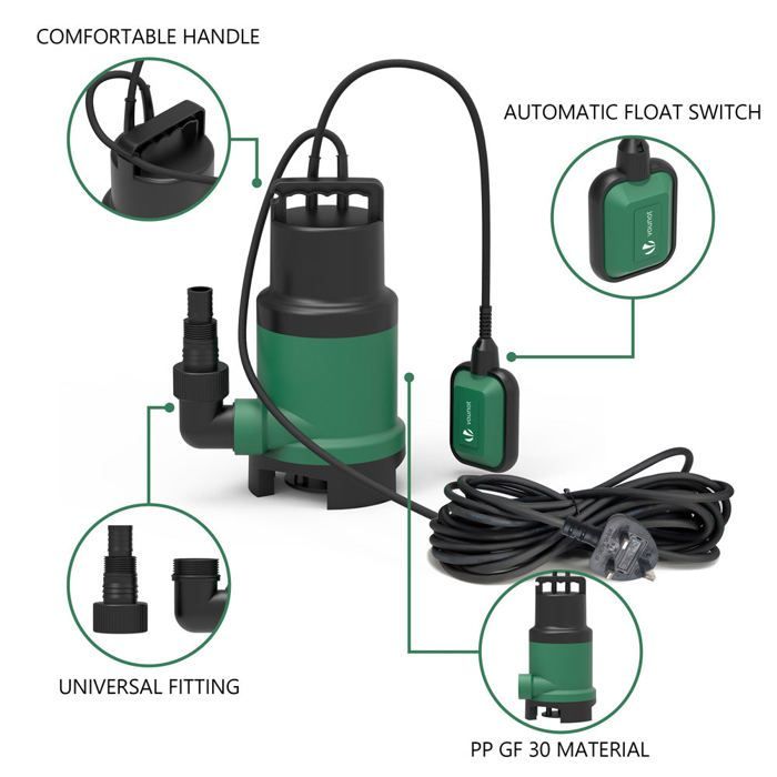 VOUNOT® Pompe d'évacuation pour eaux chargées 14000L/h - profondeur 7m - automatique avec flotteur - protection thermique