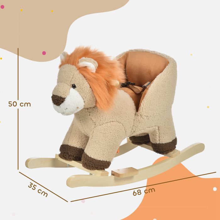 Caballo balancín - HOMCOM - modelo león con función musical, silla de montar acolchada y cómoda, 18-36 meses - madera - 68x35x50cm - marrón