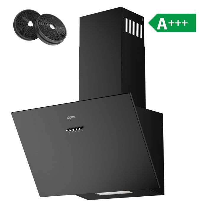CIARRA Hotte Aspirante Inclinée 60cm A+++ 650m3/h avec Filtre au charbon Recyclage ou Evacuation Noir