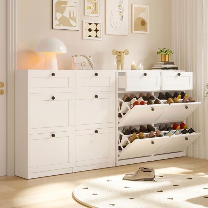Zapatero - VOWNER - Mueble de almacenamiento de zapatos para recibidor - Zapatero - 100 x 105 x 24 cm - Blanco