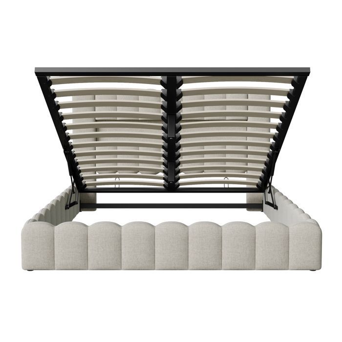 Cama de almacenamiento de 180x200 cm con carga USB tipo C e iluminación LED, cama doble hidráulica con somier de láminas, cama funcional, almacenamiento, lino beige.