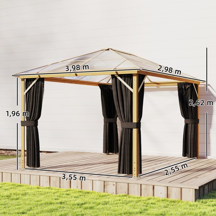 Garden gazebo - outdoor pavilion - Outsunny - wood-look rigid polycarbonate roof UV50+ - aluminum - 398x298x262cm - natural
