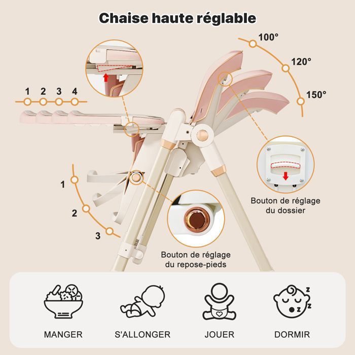 Cadeira alta conversível 4 em 1 para bebês, com 3 posições de reclinação, 5 posições de altura, rodas e função de balanço, ideal para bebês a partir de 3 meses.
