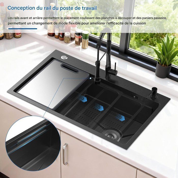Fregadero de cocina de acero inoxidable - CREMLANK - Silencioso - NEGRO - 75X45X20CM - Acero inoxidable - Múltiples accesorios