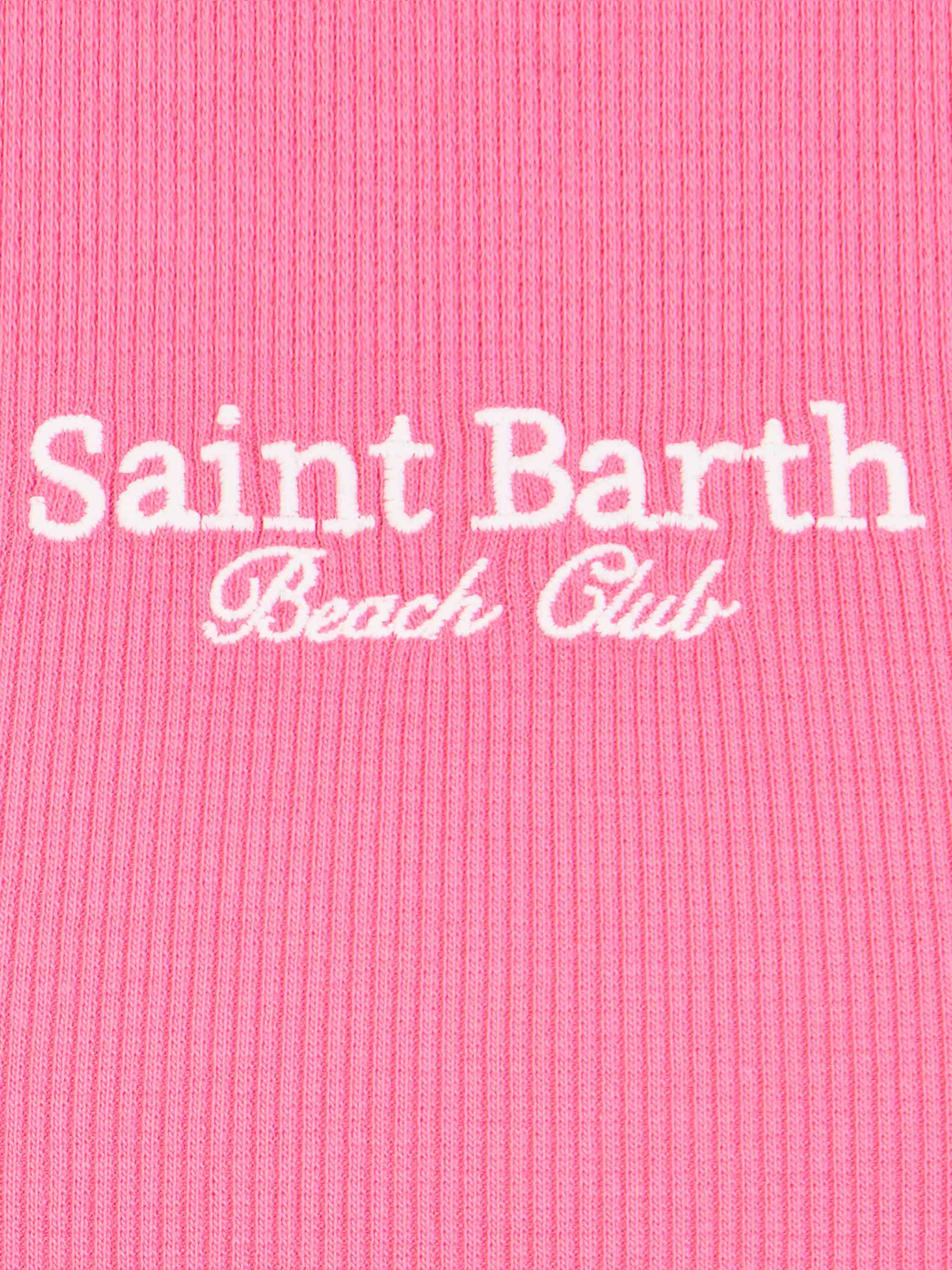 Canotta crop da bambina in cotone lavorato a costine fucsia