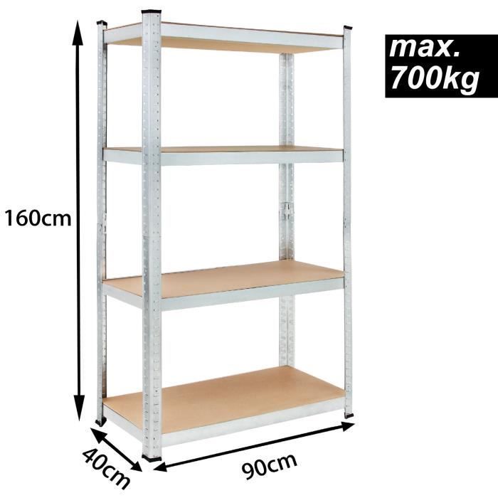 estanterías metálicas de alta resistencia con 4 estantes, 160x90x40cm, carga máxima 700 kg.