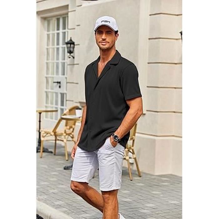 Lässiges Herren-Sommerhemd mit kurzen Ärmeln für Strand und Strand - FINDPITAYA - Modell - Schwarz - Erwachsene - Herren