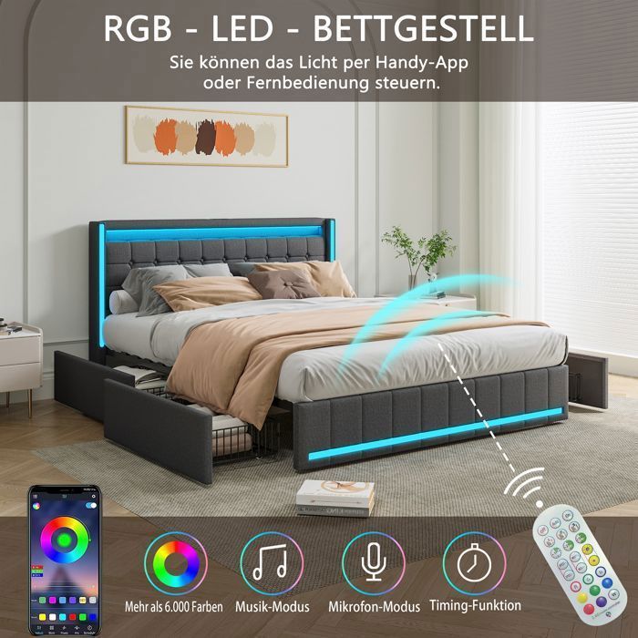 Lit Capitonné - AMBIANCE - 160x200cm - avec 4 Tirors de Rangement - Éclairage LED & Ports de Chargement - Lit Rembourré - Gris