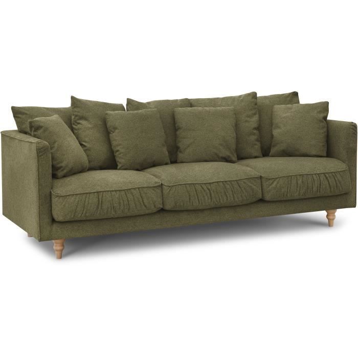 Sofá fijo de 4 plazas CONSTANCE - Tapizado verde - Patas de madera maciza - Ancho 212 x Alto 87 x Profundidad 93 cm