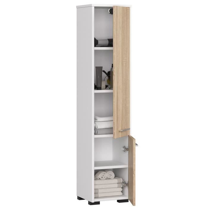 Colonne de salle de bain AKORD FIN blanche 30cm (2 portes) Chêne Sonoma mat - 5 étagères