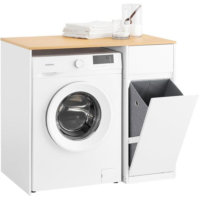 SoBuy Meuble Machine à Laver avec Tiroir Panier à Linge et Espace de Rangement pour Salle de Bain Buanderie 100x60x90cm Blanc