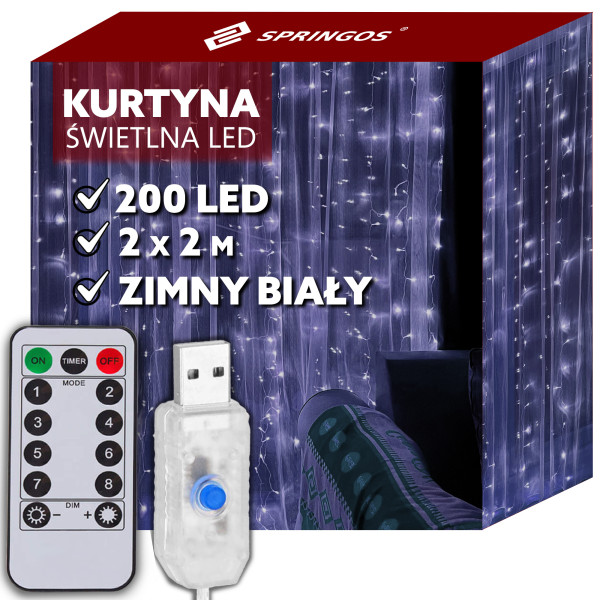 Kurtyna świetlna biały zimny 200 Led lampki wewnętrzne