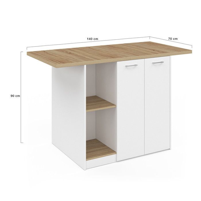Isla central IDMARKET BAO de 140 cm para 4 personas, madera blanca con encimera efecto haya.