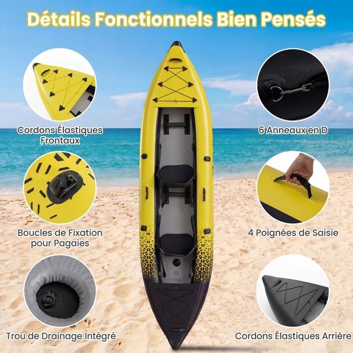 Kayak hinchable COSTWAY para 2 personas, 381x94x40cm - 2 remos de aluminio, 2 aletas desmontables, kit de reparación - Bomba manual - 230kg - Amarillo