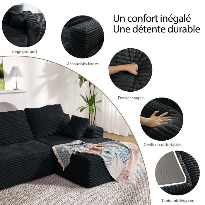 Canapé d'angle droit 263x171x 59cm, combinaison libre 4/5places, sans assemblage canapé avec méridienne Noir en Velours cotelé