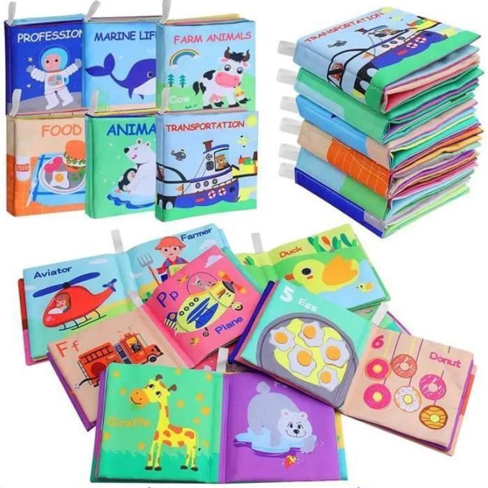 Set van 6 stoffen boekjes, zachte babyboekjes voor de vroege ontwikkeling (0-3-6 maanden), babyboekje als cadeau voor pasgeborenen