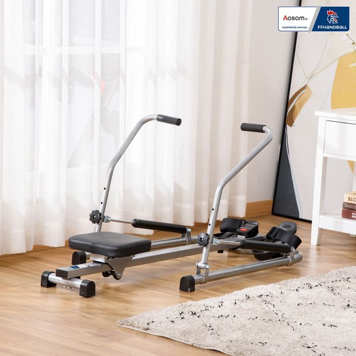 Máquina de remo plegable para interiores - Colaboración Aosom.fr x FFHandball - 3 niveles de resistencia, pantalla multifunción - Acero negro y gris