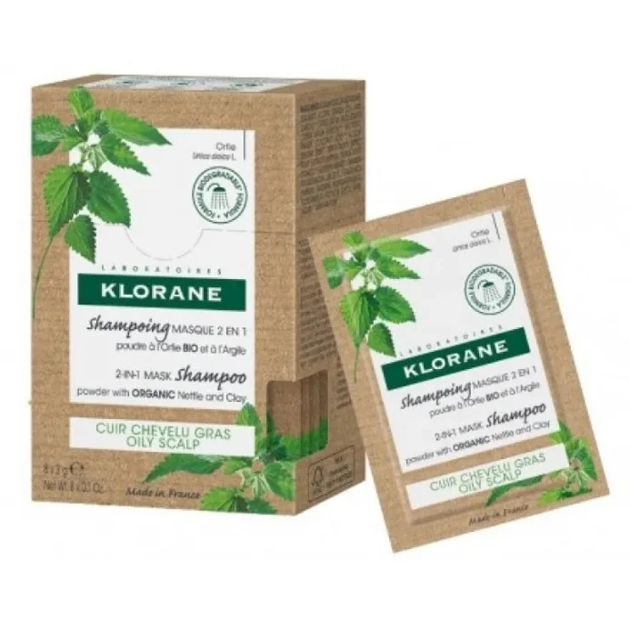 KLORANE 2-in-1 Shampoo Masker met biologische brandnetel en klei. 8 sachets voor eenmalig gebruik voor vet haar.