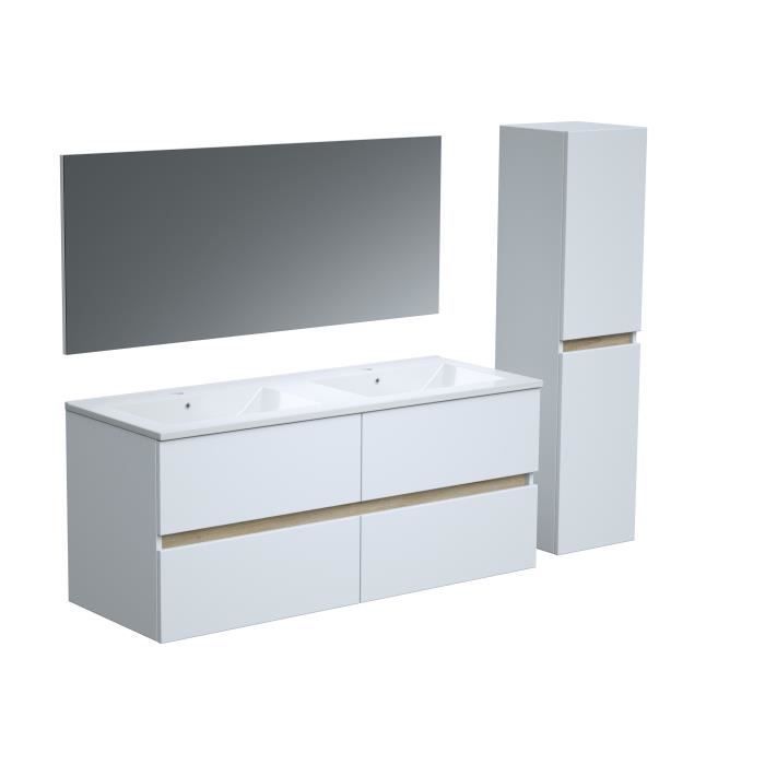 White bathroom furniture set - Double sink (120cm) - Mirror - Tall cabinet - TOTEM