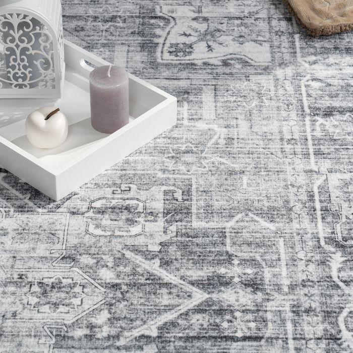 Paco Home Tapis Salon Chambre Adulte Poils Ras Motif Oriental Ornements Moelleux Vintage Gris 80x150 cm